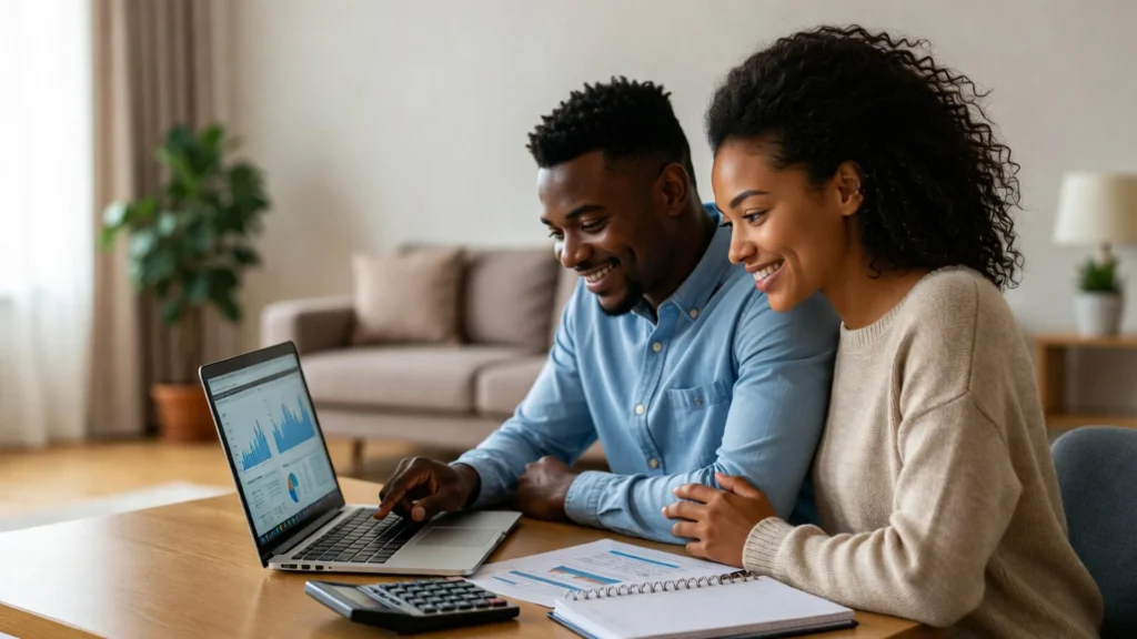 Young family in Kenya planning their finances at home, representing SACCO savings in Kenya and financial growth with OASIC SACCO.