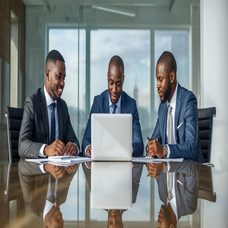 African professionals reviewing financial documents and a laptop in a modern office, representing OASIC SACCO investment opportunities and financial