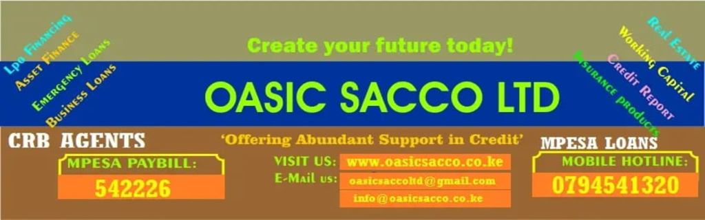 OASIC SACCO poster highlighting SACCO savings in Kenya, affordable loans, M-Pesa Paybill 542226, and contact details for financial services.