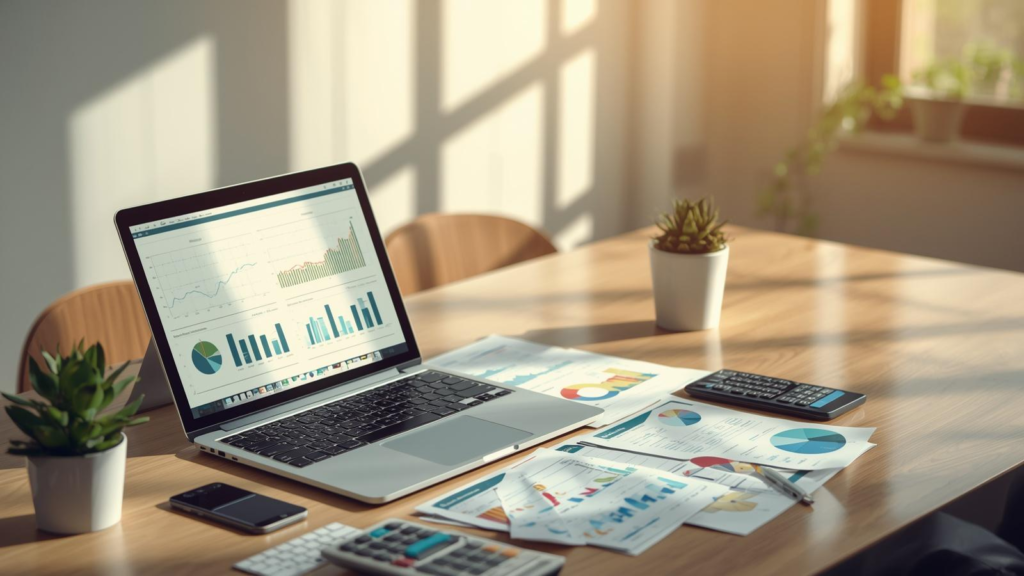 Modern workspace with laptop, financial documents, calculator, and a small plant representing financial growth at OASIC SACCO
