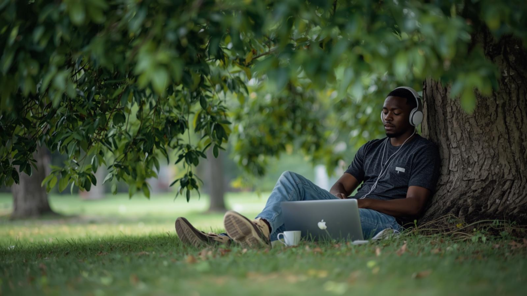 Young African man seated under a lush green tree, using a laptop and headphones, representing relaxation and productivity while learning about OASIC SACCO value-added services for members.